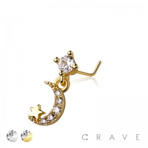 MULTI CZ MOON WITH STAR DANGLE CZ 316L SURGICAL STEEL L-SHAPE NOSE RING